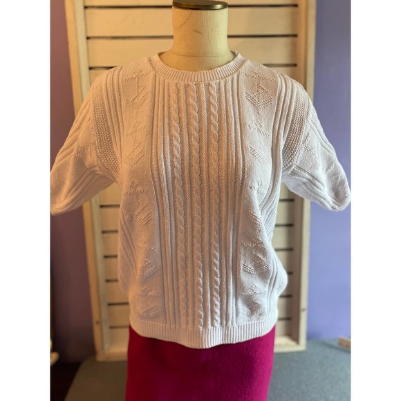 Talbots woman’s sweater size small white short sleeve summer cables and anchors - Picture 1 of 9
